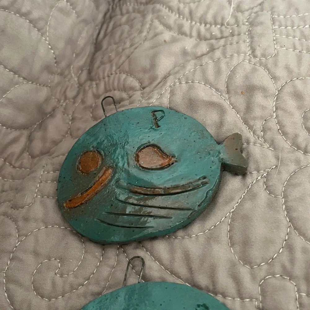 Handcrafted Teal and Orange Fish Ornament. Hook melted in place for hanging!